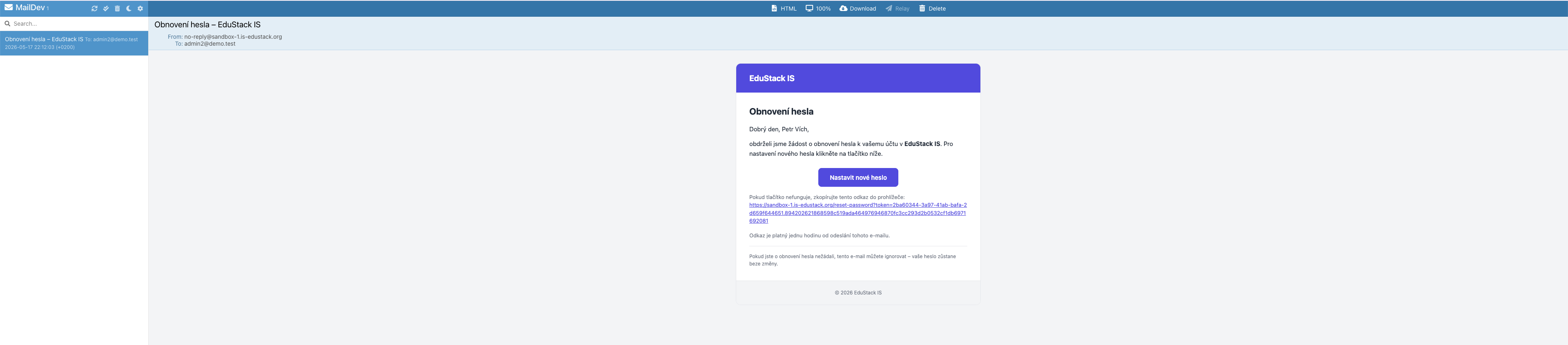 Reset email (MailDev)