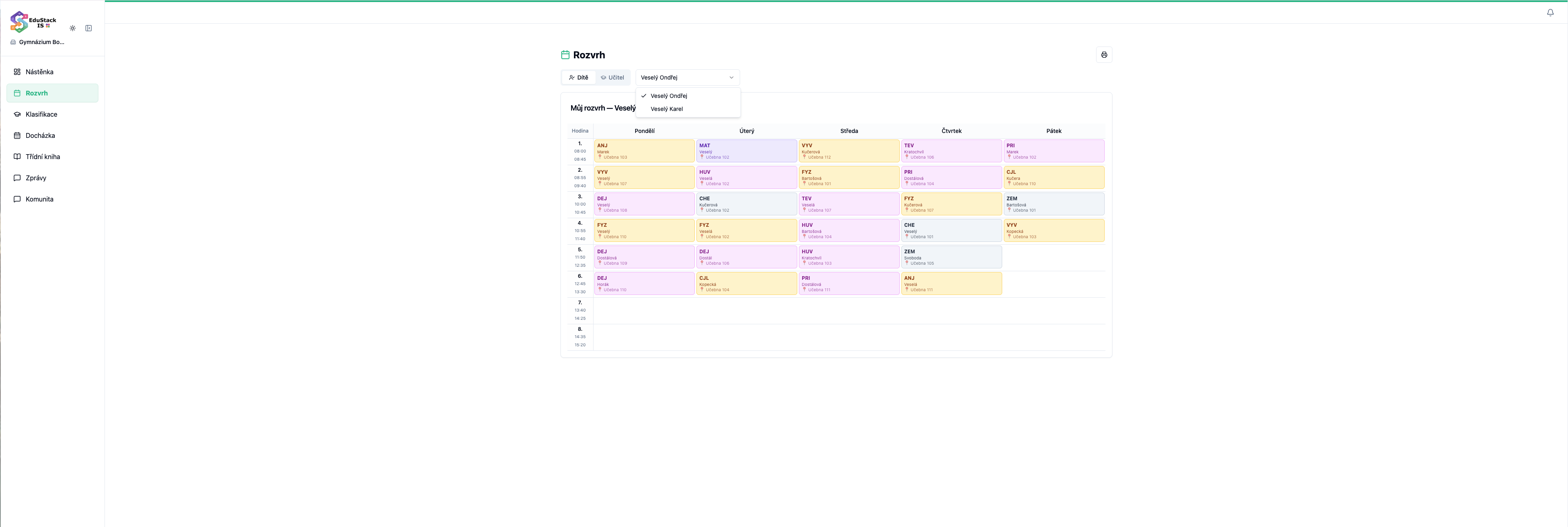 Schedule — parent sees the timetable of the children they are linked to and the teachers' timetables