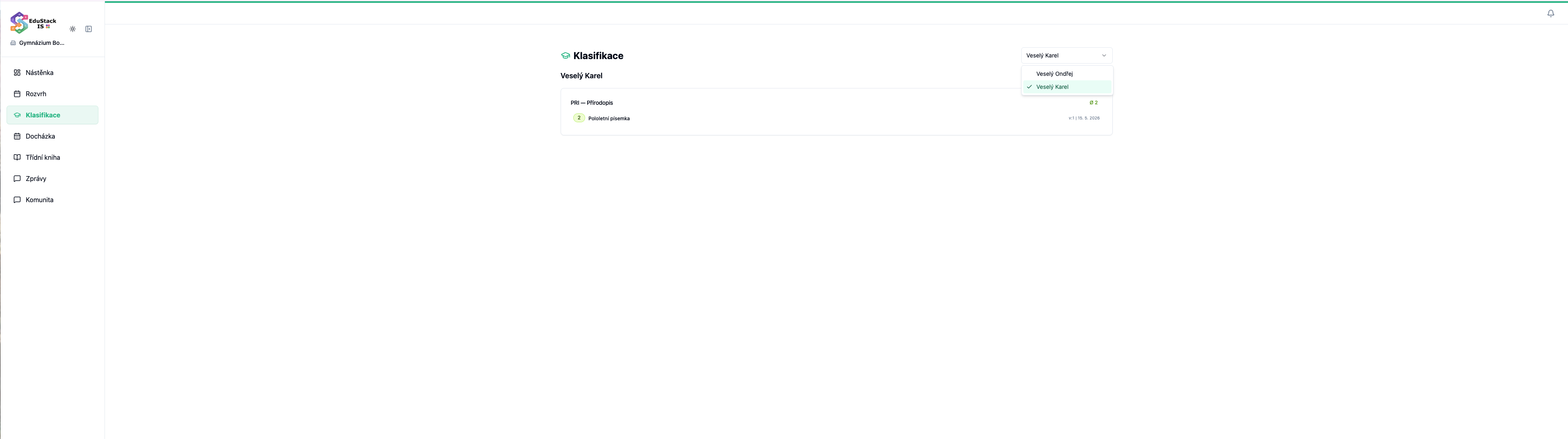 Grades — overview with a picker for each child the parent is linked to