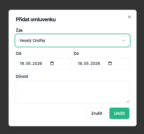 Attendance — submit a new parental excuse for the selected child
