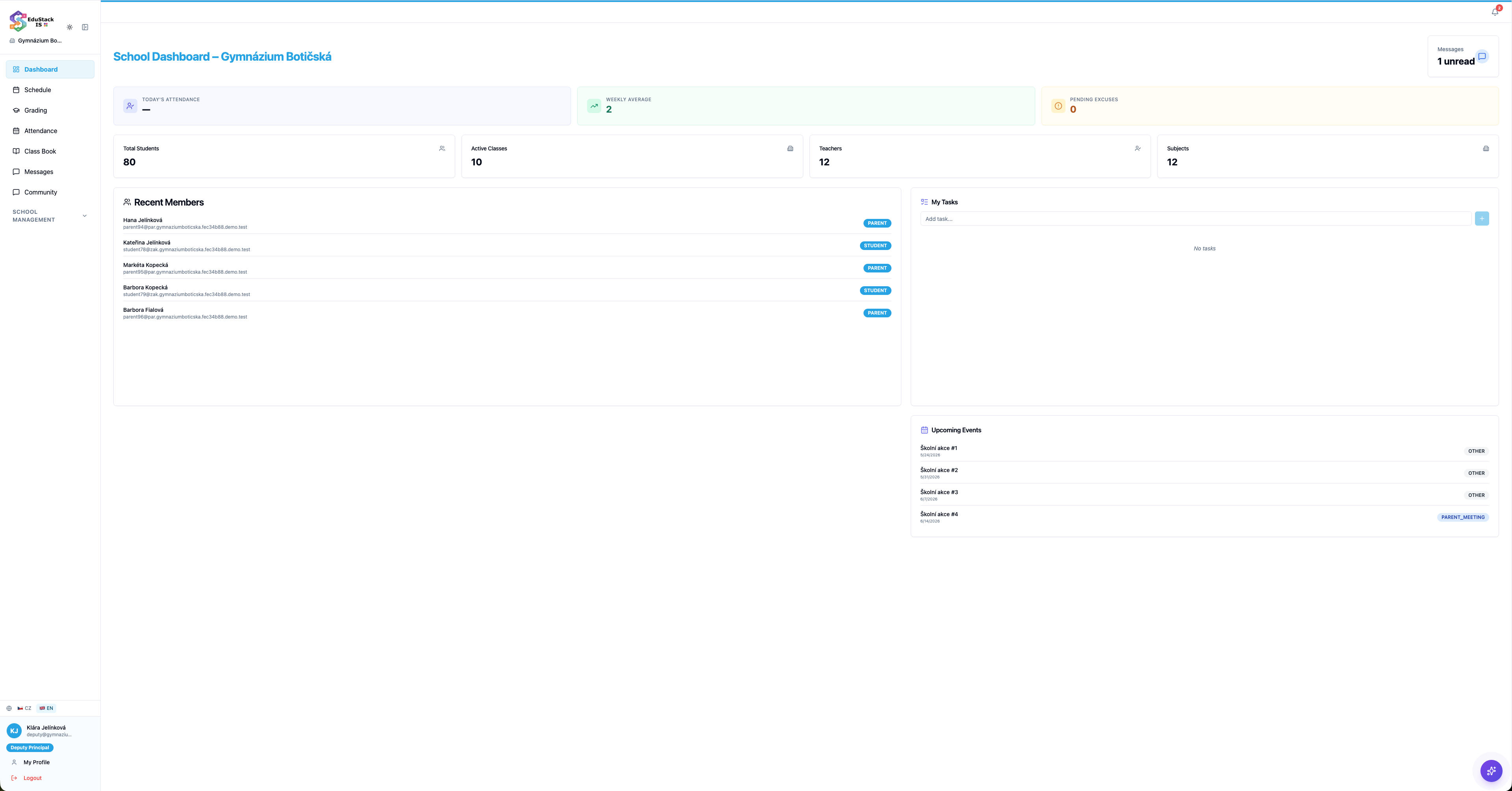 Deputy · sky — identical school-wide overview, only the accent color differs