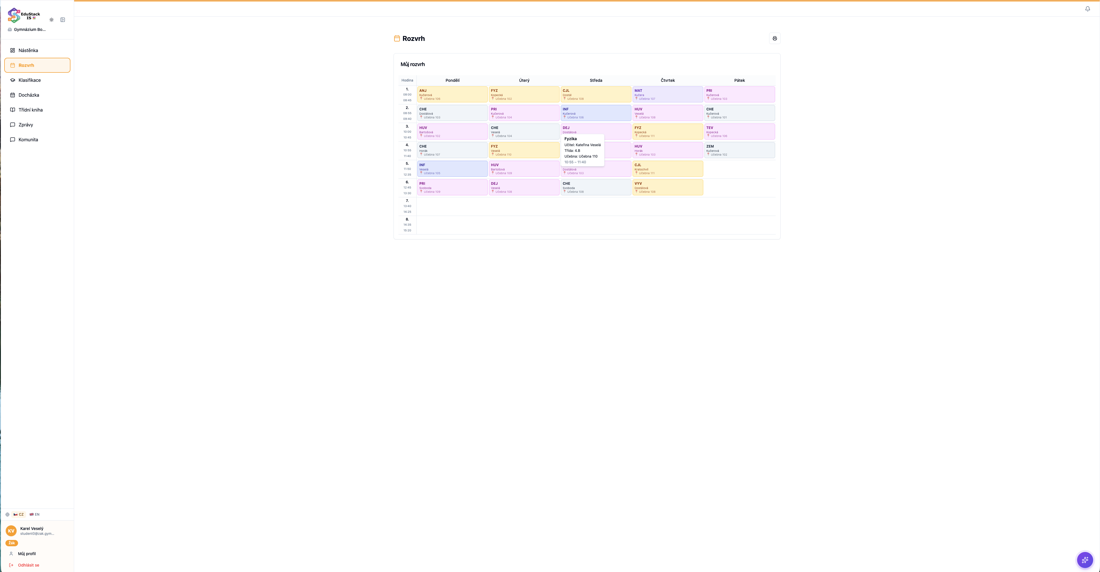 Schedule — student's timetable with subject detail
