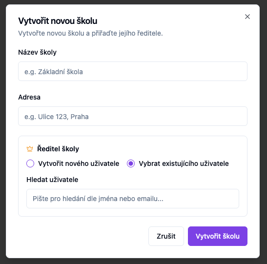 Create school — existing user