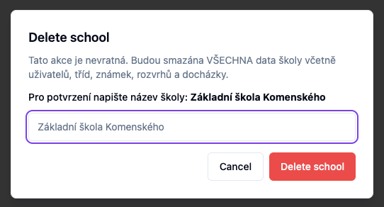 Delete school — name typed