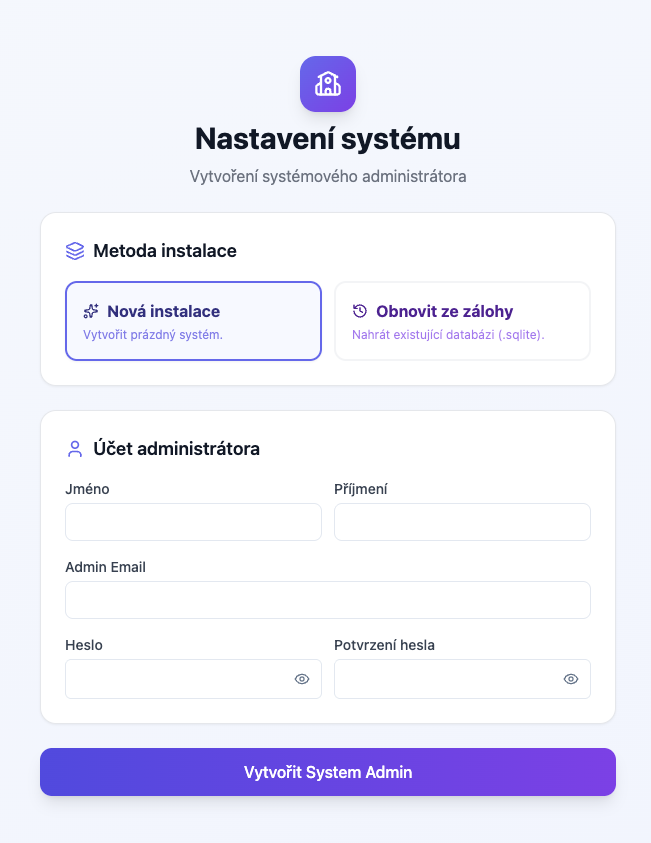 Manual system setup — fresh install with administrator form
