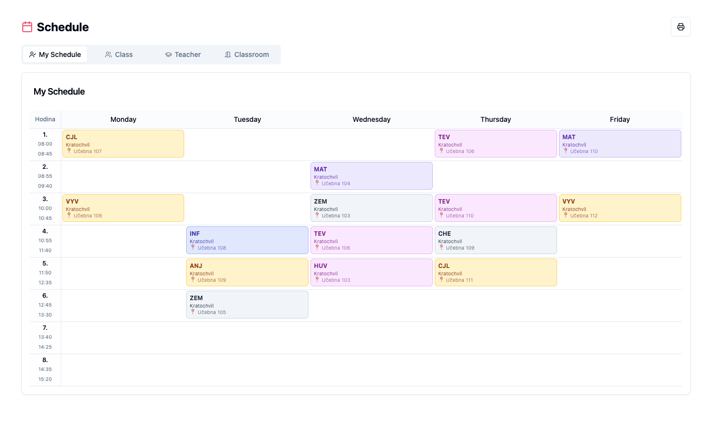 Schedule — own weekly timetable