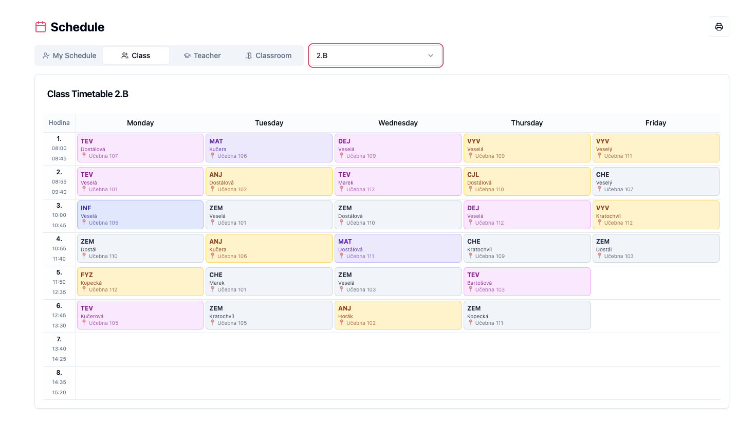 Schedule — switch to a class view