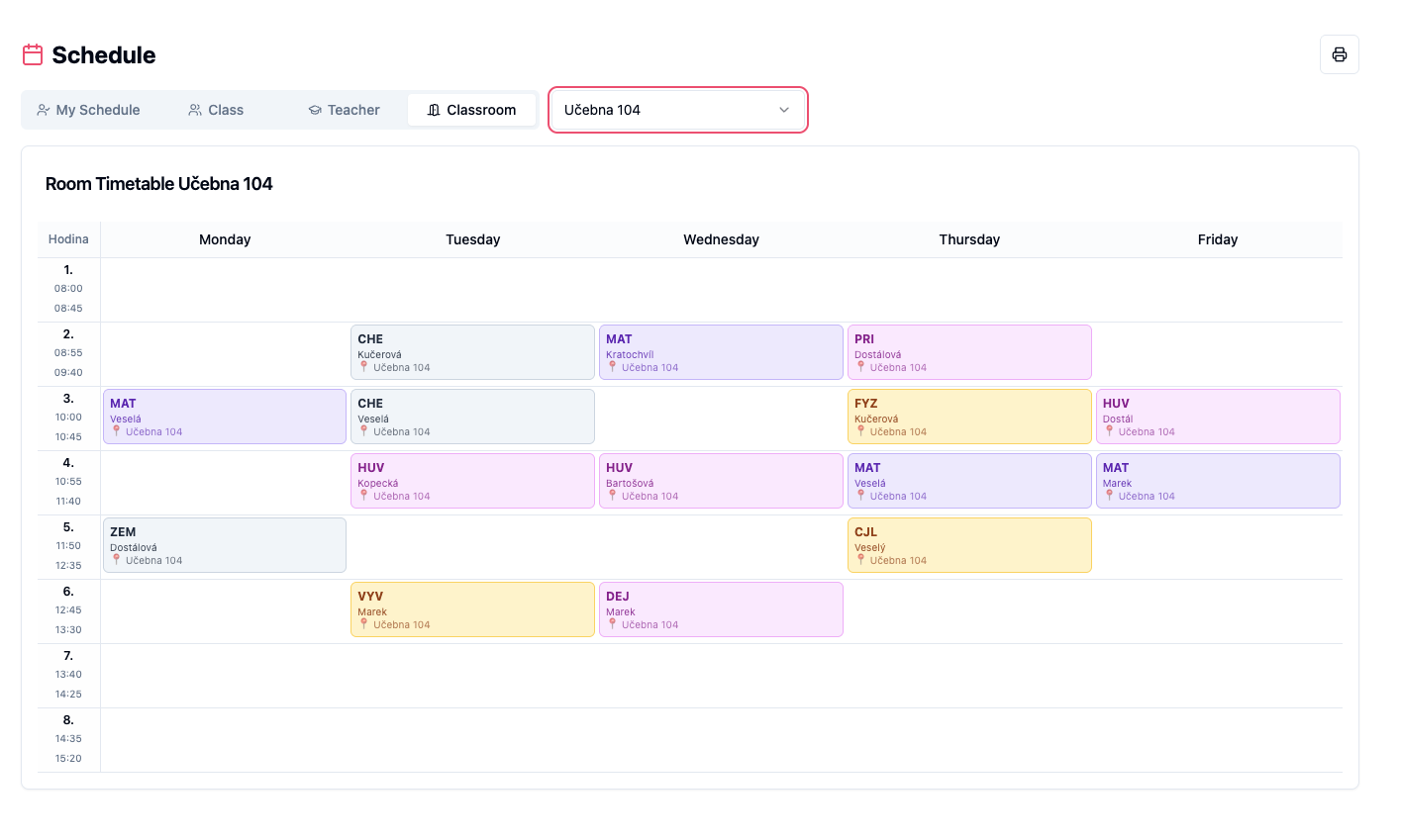 Schedule — classroom view